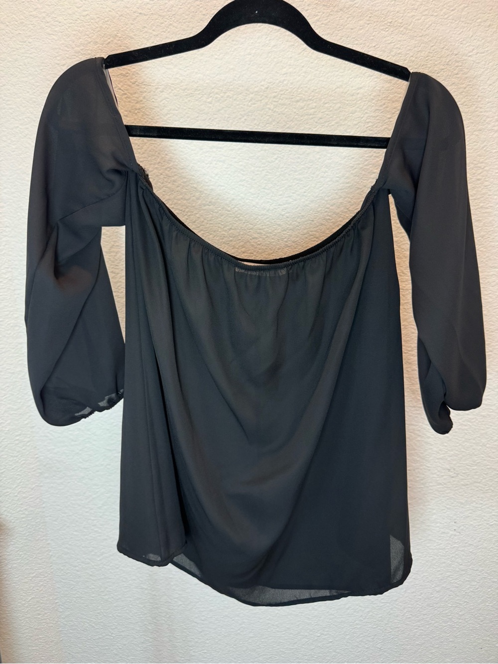 Modern Vintage Boutique Black Off Shoulder Sheer Balloon Sleeve Blouse